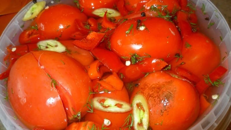 Le ricette più deliziose e semplici per marinare i pomodori in un secchio: ottimi preparativi per l'inverno