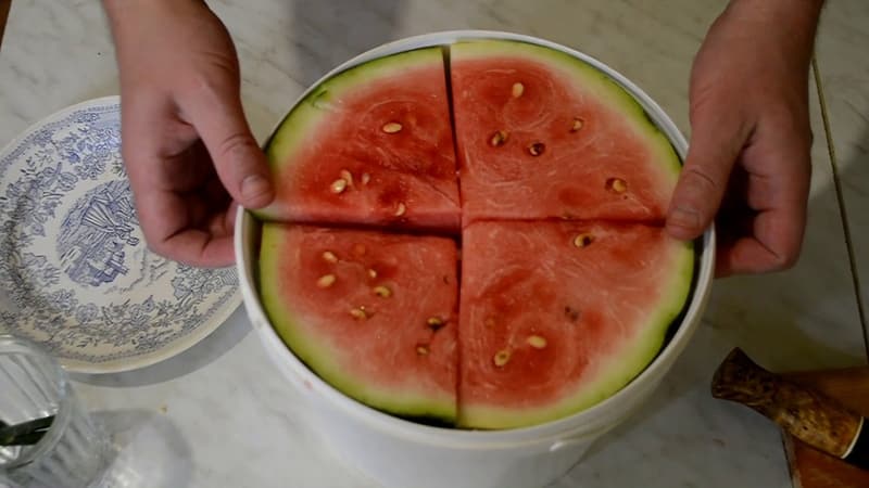 Hoe watermeloenen in een pan snel, eenvoudig en smakelijk in stukjes te zouten