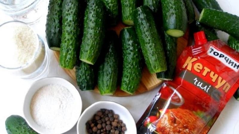 Awesome recipes for winter cucumbers with chili ketchup in liter jars