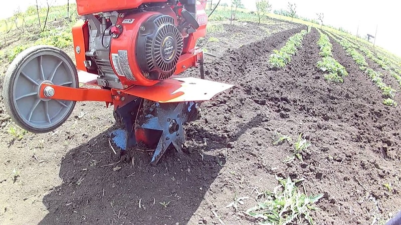 Technik zum Häufen von Kartoffeln mit einem handgeführten Traktor